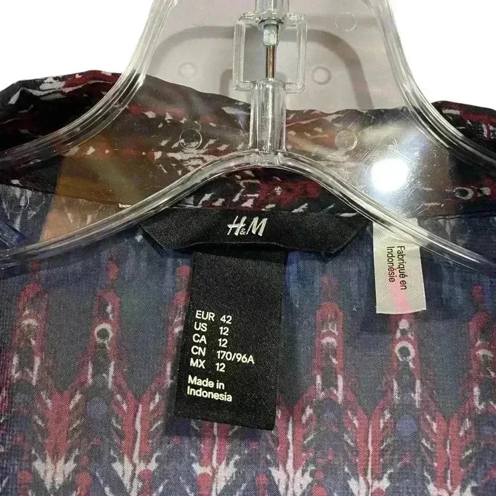 H&M, Vibrant Patterned Semi-Transparent Sleeveless Blouse, Size 12, Navy, Red π - Picture 4 of 7